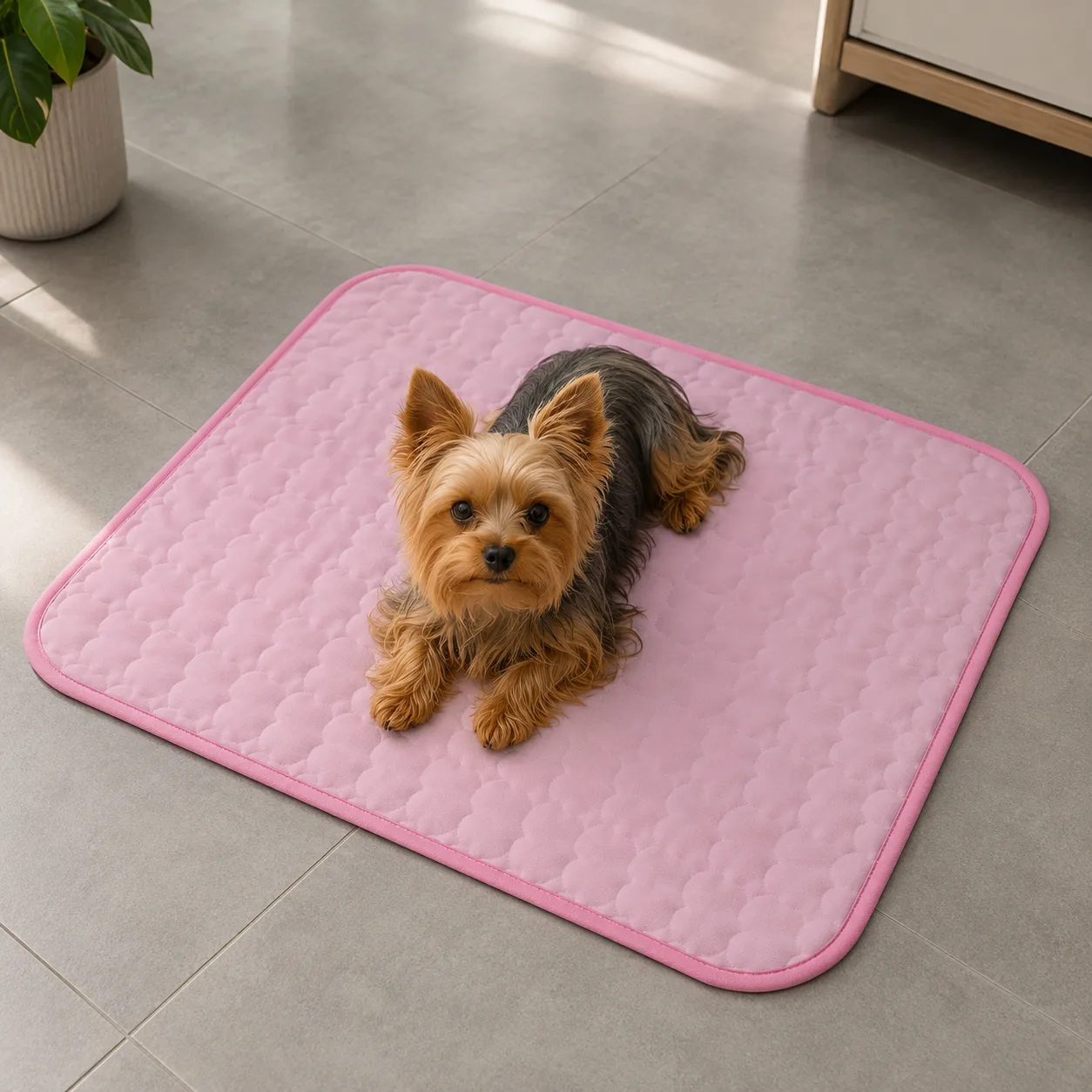 Yorkshire terrier na różowej macie chłodzącej w rozmiarze S