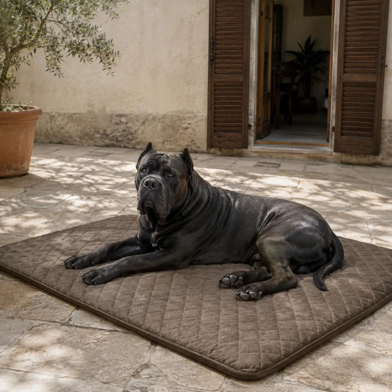 Cane corso leżący w całości na szarej macie chłodzącej Frimouf w rozmiarze XL