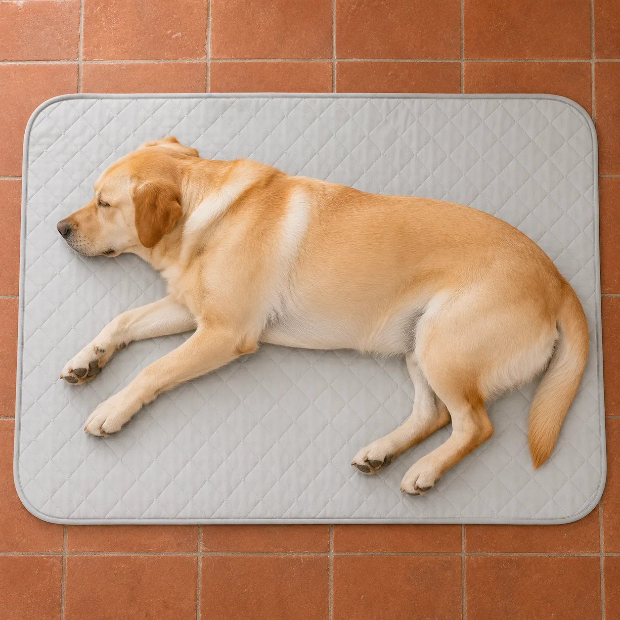 Labrador widziany z góry, leżący na szarej macie chłodzącej Frimouf, ciało zajmuje prawie całą powierzchnię