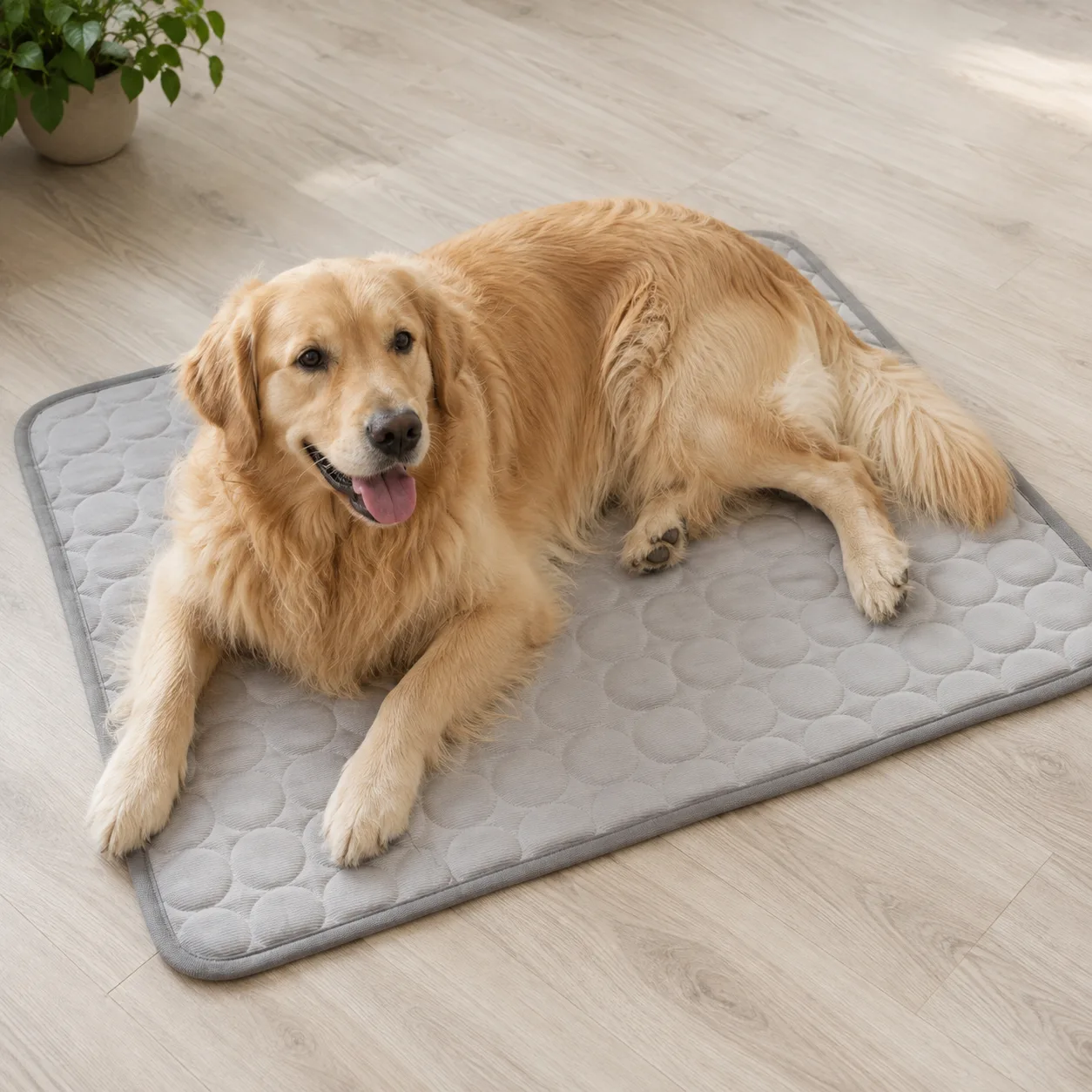 Golden retriever śpiący z głową na łapach na szarej macie chłodzącej