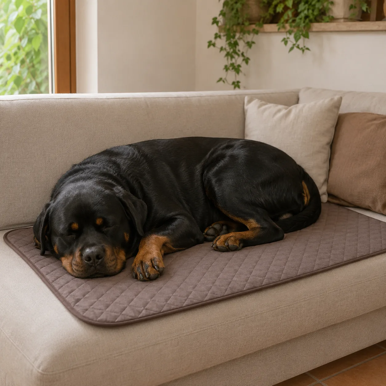 Rottweiler śpiący na brązowej macie chłodzącej Frimouf rozłożonej na kanapie