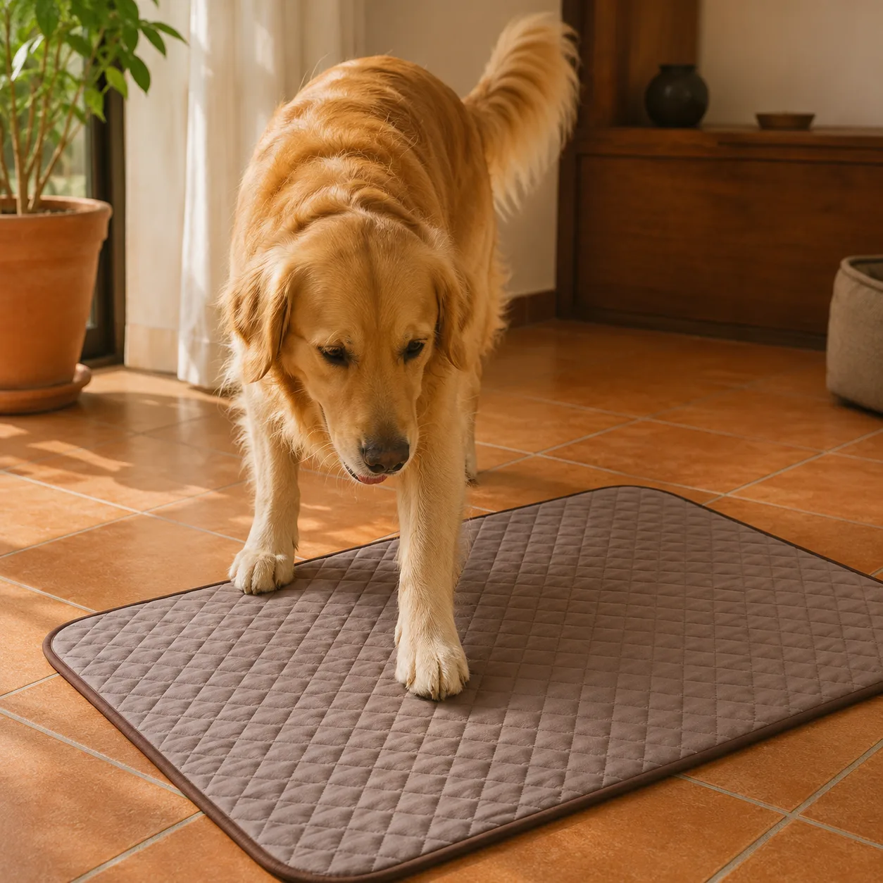 Golden retriever wchodzący sam na brązową matę chłodzącą Frimouf, jedna łapa już na niej