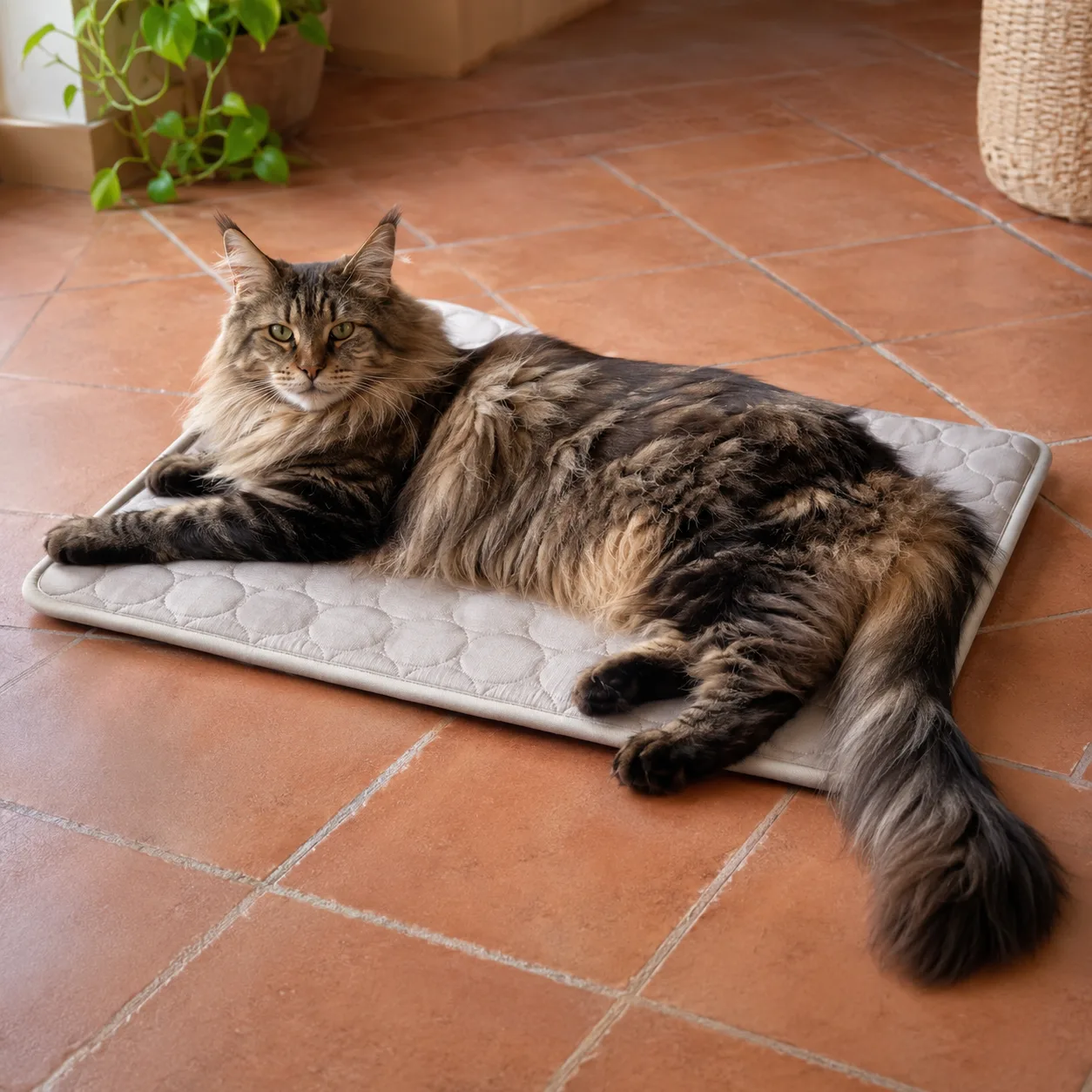 Maine coon leżący na szarej macie chłodzącej, mata ledwo wystarcza