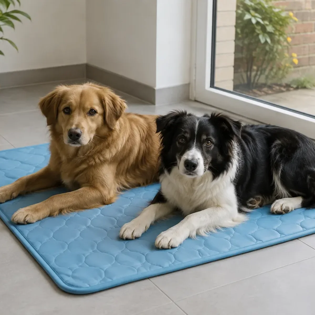 Golden retriever i border collie razem na niebieskiej macie chłodzącej Frimouf Ice przy drzwiach na taras