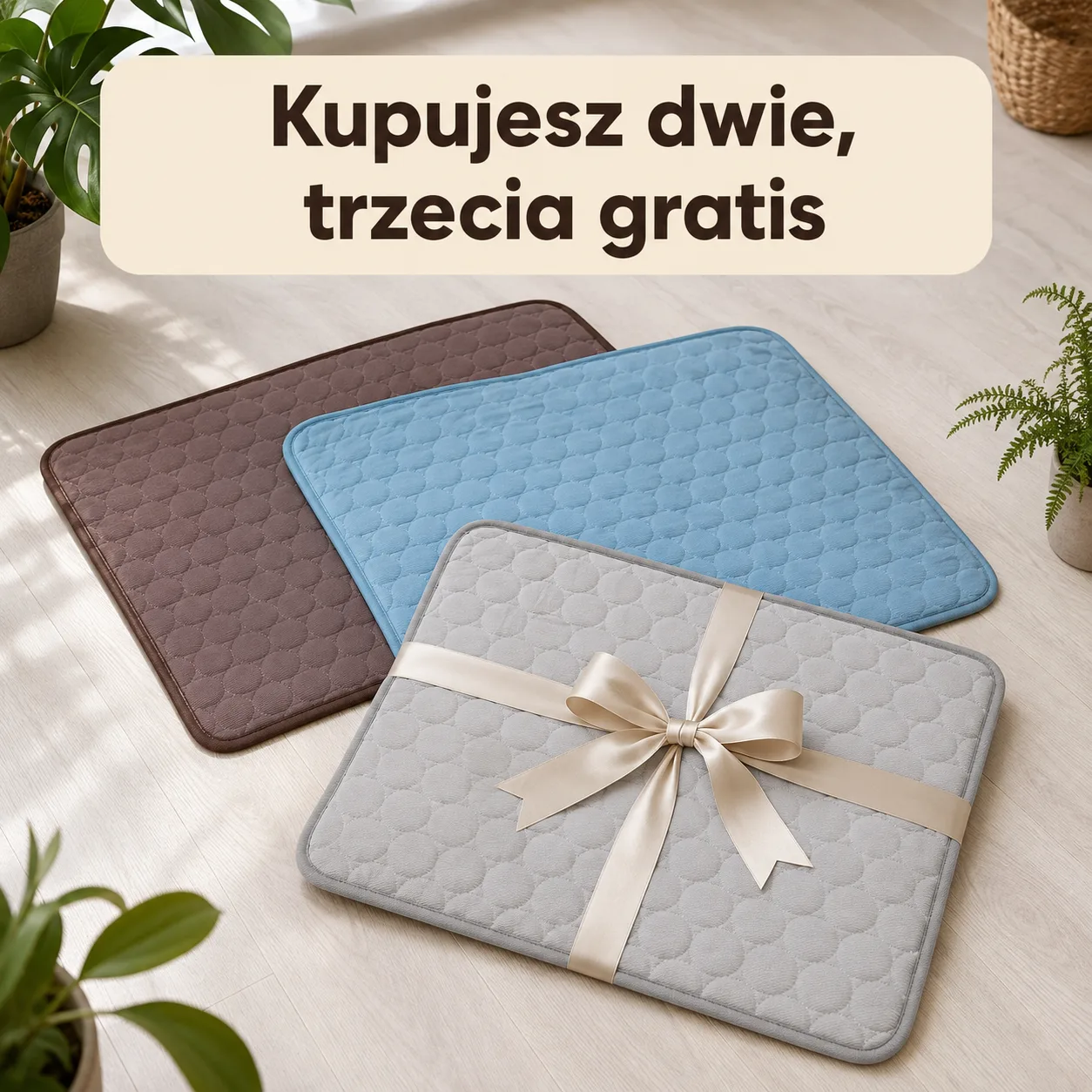 Trzy maty chłodzące obok siebie, trzecia z kokardą: kupujesz dwie, dostajesz trzy